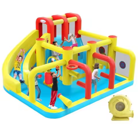 Inflatable Bounce House Water Slide 12.5ft x 11.4ft with Long Slide Basketball Hoop Fun Central Obst
