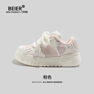 Beier Design Love Heart Womens Sneakers Thick Bottom INS Sports Shoes Spring Autumn White Flat Heel 
