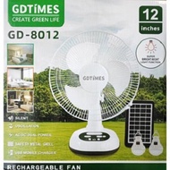 gd8012 Solar Rechargeable Fan 12 inches fan blade with 2 bulb and solar panel