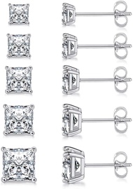5 Pairs 316L Square Stud Earrings Set, Hypoallergenic Cubic Zirconia 18K White Gold/Yellow Gold/Rose