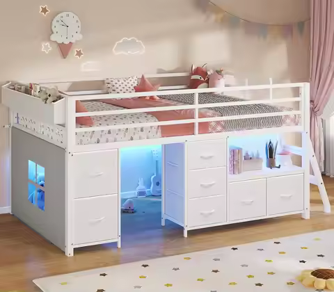 Low Loft Bed Twin Size with 7 Storage Drawers, Bookcase and LED Lights, Metal Kids Loft Bed with 14"