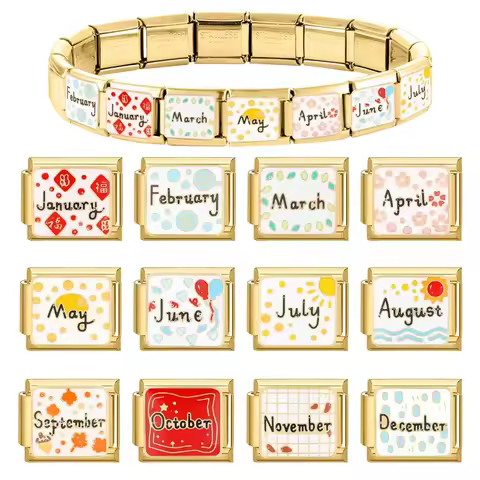 Fashion 12 Month August September October Gold Color Italian Charm Links Fit 9mm Stainless Steel Bra