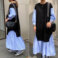 Oladivi 3/4 Sleeve Faux Two Pieces Striped Dress for Women Spring Autumn New Casual Loose Long Dress