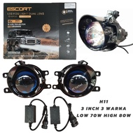 Biled LED HEADLIGHT ESCORT H4 H11 Projector Blue Lens 3 Inch 3 colors Bi-LED