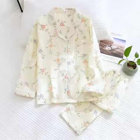 Flower Printing Women's Homewear Suit Long-sleeved Cotton Pijamas Feminino for Spring and Autumn Lon