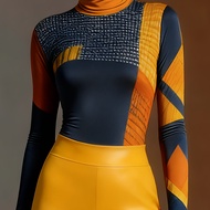 TEMU เสื้อแขนยาวคอกะพ้อพิมพ์ลายไม่สม่ำเสมอสำหรับผู้หญิง, ทำจากผ้าเนื้อนุ่มยืดหยุ่น, สไตล์หรูหรา, สวม