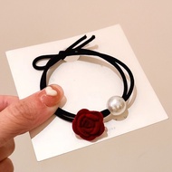 Frost Moon~Korean Rose Pearl Hair Tie Fairy Candy Macaron French High-End Dreamy Bow Korean Trendy M