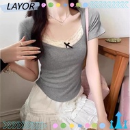 LAY Lace Short Sleeve T-shirt, Bow Lace Design Style Cropped Top, Fashion Korean Style Plain Bow Lace T-shirt Women