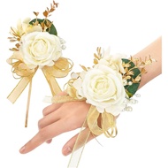 Ivory Rose Wrist Corsage Wristlet Band Bracelet and Boutonniere Set for Men Women Bride Bridesmaid W
