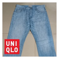 UNIQLO Linen Blend Jeans Straight Barrel Shape Bright Blue Second Hand Good Condition
