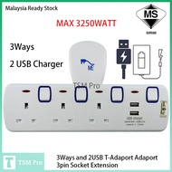 D303N 3Ways/ 3Gang and 2USB T-Adaport Adaport 3pin Socket Extension Plug Neon Indicator with Sirim Approved