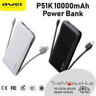 Awei P51K 10000mAh Powerbank Battery with USB Cable Type-C Micro iP Compatible with iP Android