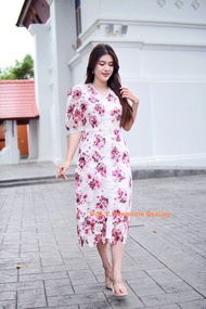 Maxi dress ผ้าลูกไม้พิมพ์ลาย คอวี L-6XL ชุดสาวอวบ อ้วน ชุดใส่ทำบุญ ลูกไม้ ชุดไปวัด ชุดงานหมั้น ชุดไป