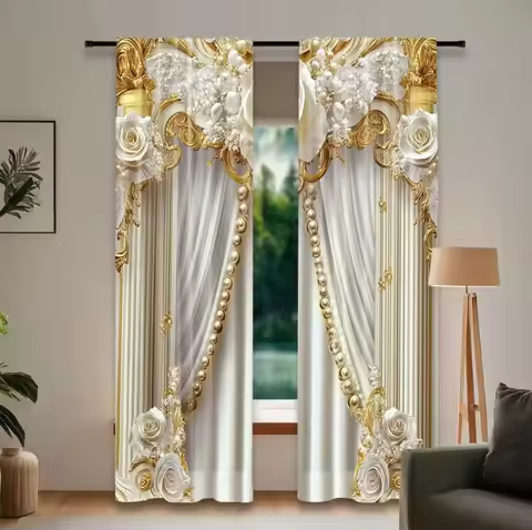 2PC Luxury Gold White 3D Rose Curtains Light Filtering Quality Material Ideal for Classic-Themed Hom