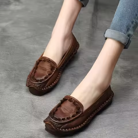 2025 Native Flats Shoes Women Slip on Soft Soled Loafer Ethnic Moccasins Natural Cow Genuine Leather