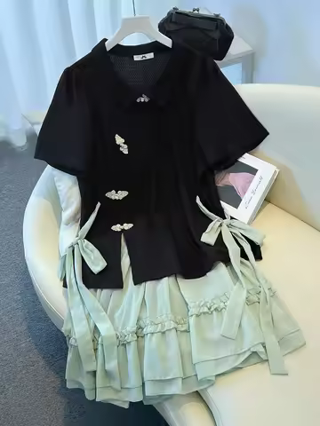 140Kg Plus Size Women's Bust 138 Summer New Chinese Style Button Top Skirt Set 4XL 5XL 6XL 7XL 8XL