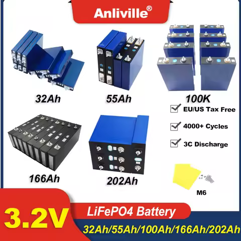 3.2V 32Ah 55Ah 100Ah 166Ah 202Ah Stud LiFePO4 Battery Cell DIY 12V 24V 36V Solar Energy Storage Powe