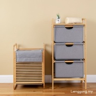 WindSing Bamboo Laundry Hamper with Shelf 2 Sections Freestanding Storage Basket Wooden Dirty Clothe