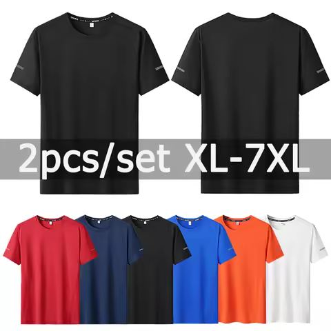 2pcs T-shirt for Men Plus Size 6XL/7XL Sport Quick Dry T-shirt Round Neck Big Size Short Sleeve Over