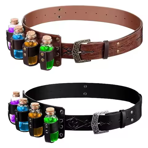 2PCS Medieval Retro Costume Accessories PU Leather Patterned Belt with Magic Cork Potion Bottle Rena