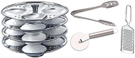 Combo of Stainless Steel 4 Plate Idli Maker Stand (16 Slot), Steel Cheese Grater, Stainless Steel Momo's/Ice Tong with Stainless Steel Pizza Cutter