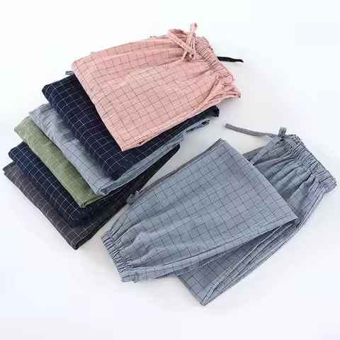 2024 Men Casual Plaid Pajama Clothing Sleepwear Pure Cotton Pants Male Comfortable Home Wear Pants N