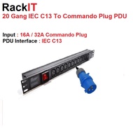 RackIT 20 Gang IEC C13 10A PDU With 16Amp / 32Amp Commando Plug - 20 Gang C13 To Commando Plug PDU