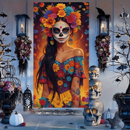 Biểu ngữ phẳng 2D với hình ảnh người phụ nữ xinh đẹp, phù hợp cho Halloween & DDay Of The Dead Door 