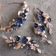 Rose gold navy blue flower jewelry set, Wedding earrings, Bridal dark hair clip