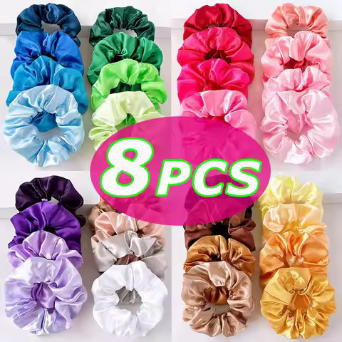 8Pcs/set Bright Color Silk Hair Scrunchies Women Y2K Solid Color Elastic Hair Bands Ponytail Holders
