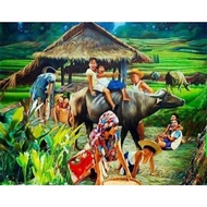 DIY Diamond Embroidery, Full Diamond Countryside landscape, children on the backs of cows rhinestone Diamond painting diamond painting cross stitch,beads painting square diamond