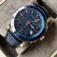 BURBERRY 藍色錶盤 皮革錶帶 石英 三眼計時 男士手錶BU9383腕錶