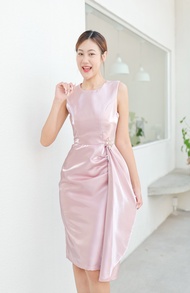 [LUXURY707] LX1118 : ชุดออกงานแขนกุด คอกลม กระโปรงสอบระบายข้าง แต่งเข็มกลัด