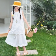 Girls Dress Summer White 2026 Sleeveless Ruffle Hem Hollow Embroidery Children Clothes Suit for 110-