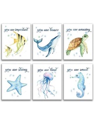 6入組無框靈感之詞夢想紋理水彩海洋藝術印刷，海龜海馬魚鯨魚水母水彩壁畫，藍色海洋主題育嬰兒童房牆壁裝飾，8X10英寸