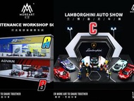 MoreArt1:64簡易拼装場景摆擺件。室内維修車間仿真場景，第二批2色預售中。Spoon / Advan。產品尺寸30 x 13 x 10cm，截單日期12月18星期一。A:SpoonB:Adva