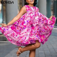 VONDA เสื้อแขนกุดพิมพ์ลายดอกไม้เสื้อสตรีคอกลม Sundress หลวมชุดเดรสปาร์ตี้ (ขนาดพิเศษ)
