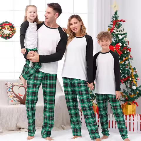 2025 New Blank Plaid Print Christmas Pajamas Set for Family Full Sleeve O Neck 2 Pieces Suit Sleepwe