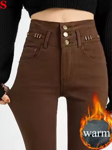 Korean Design High Waist Pencil Jeans Women Skinny Stretch Velvet Lined Denim Pants Winter Warm Thic