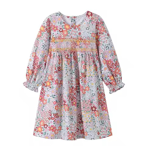 Floral Buttons 2-7T Autumn Spring Girls Dresses Long Sleeve Cotton Fashion Birthday Kids Clothes O-n
