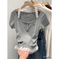 Lace Top Hot Girl Stitching Fake Two-Piece Short-Sleeved T-Shirt Women Summer Halterneck Design Slim
