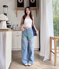 New Baggy jeans แต่งลายเกาหลี ผ้าฮ่องกง มีไซส์ S-5XL เอว 25-40“