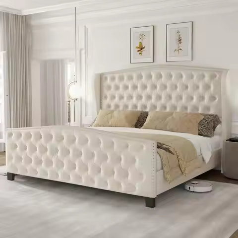 King Size Bed Frame Velvet Upholstered Platform Bed with Wingback Headboard amp Footbaord, Deep Butt