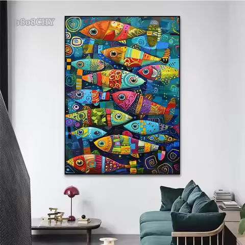 Vintage Fish Kitchen Wall Art Decor Mural Abstract Colorful Fish Art Canvas Prints Posters for Retro