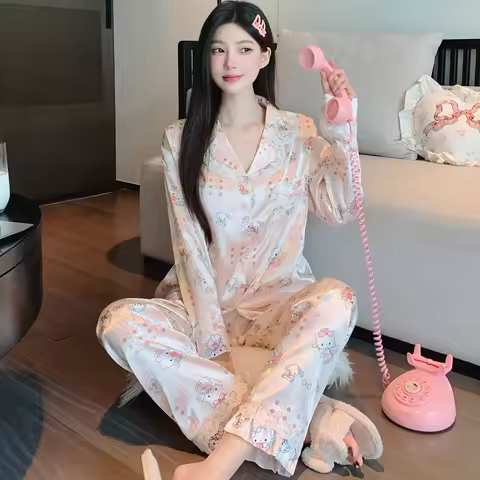 Cartoon Hello Kitty Women's Pajamas Loungewear Lapel Long Sleeve Top Pants Two-piece Set Faux Silk P