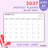 Monthly Planner 2027 | A3 | Ruled-Sheets