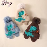 COMEME Kids Earmuffs Cap, 2-8year Boy Girl Cartoon Dinosaur Baby Knitted Hat, Windproof Warm Knitted