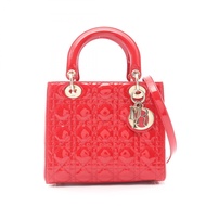 【二手】迪奧手提包，Lady Dior，藤格紋，兩用，金屬RED漆皮，Lady Dior 兩用托特包，中號。