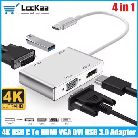 4 in 1 4K USB C To HDMI-compatible VGA DVI USB3.0 Adapter Type C Hub for MacBook Pro MacBook Air Len