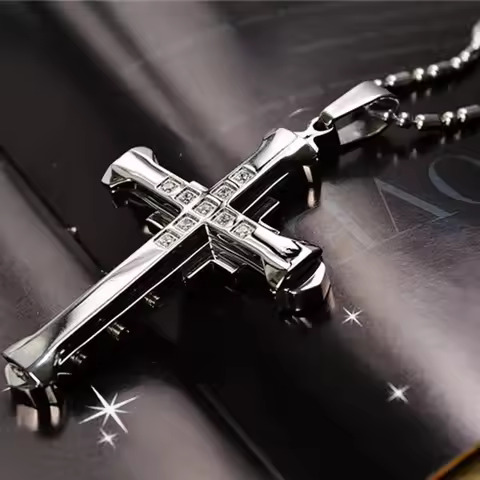 Men's Crystal Cross Pendant Necklace, Gold/Black/Blue Zirconia, Stainless Steel Jesus Cross Jewelry